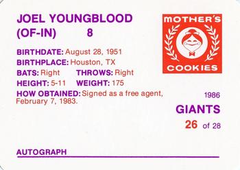 1986 Mother's Cookies San Francisco Giants #26 Joel Youngblood Back