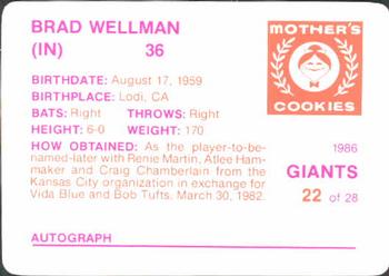1986 Mother's Cookies San Francisco Giants #22 Brad Wellman Back