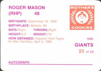 1986 Mother's Cookies San Francisco Giants #23 Roger Mason Back