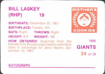 1986 Mother's Cookies San Francisco Giants #24 Bill Laskey Back