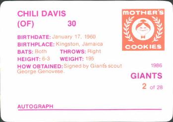1986 Mother's Cookies San Francisco Giants #2 Chili Davis Back