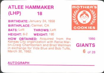 1986 Mother's Cookies San Francisco Giants #6 Atlee Hammaker Back
