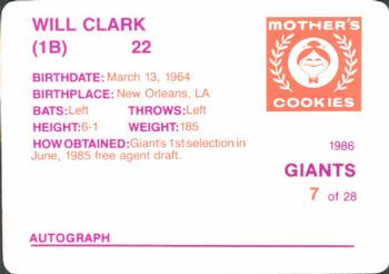 1986 Mother's Cookies San Francisco Giants #7 Will Clark Back