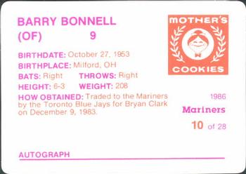 1986 Mother's Cookies Seattle Mariners #10 Barry Bonnell Back
