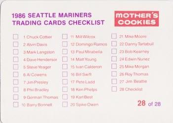 1986 Mother's Cookies Seattle Mariners #28 Mariners Coaches (Deron Johnson / Jim Mahoney / Marty Martinez / Phil Regan / Phil Roof) Back