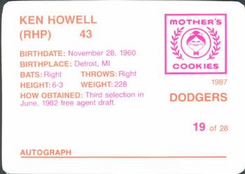 1987 Mother's Cookies Los Angeles Dodgers #19 Ken Howell Back