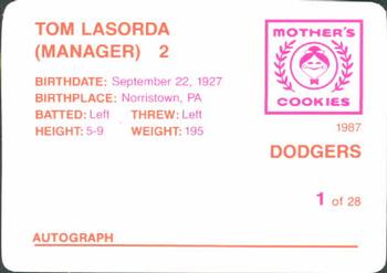 1987 Mother's Cookies Los Angeles Dodgers #1 Tom Lasorda Back