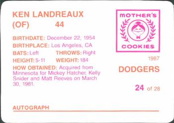 1987 Mother's Cookies Los Angeles Dodgers #24 Ken Landreaux Back
