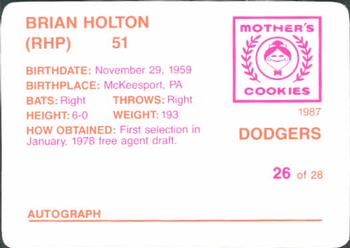 1987 Mother's Cookies Los Angeles Dodgers #26 Brian Holton Back