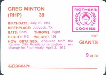 1987 Mother's Cookies San Francisco Giants #9 Greg Minton Back
