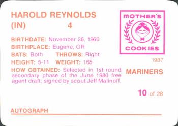 1987 Mother's Cookies Seattle Mariners #10 Harold Reynolds Back