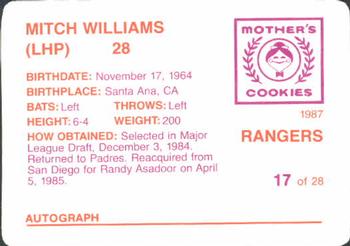 1987 Mother's Cookies Texas Rangers #17 Mitch Williams Back