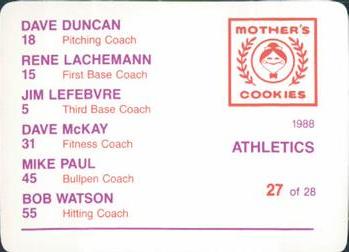 1988 Mother's Cookies Oakland Athletics #27 Athletics Coaches (Dave Duncan / Rene Lachemann / Jim Lefebvre / Dave McKay / Mike Paul / Bob Watson) Back