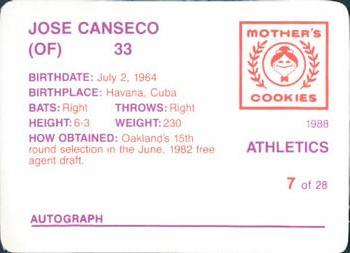 1988 Mother's Cookies Oakland Athletics #7 Jose Canseco Back