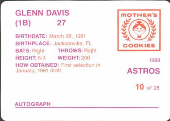 1988 Mother's Cookies Houston Astros #10 Glenn Davis Back