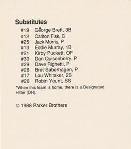 1988 Parker Brothers Starting Lineup Talking Baseball All-Stars #NNO American League Checklist Back