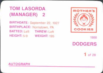 1988 Mother's Cookies Los Angeles Dodgers #1 Tom Lasorda Back