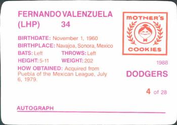 1988 Mother's Cookies Los Angeles Dodgers #4 Fernando Valenzuela Back