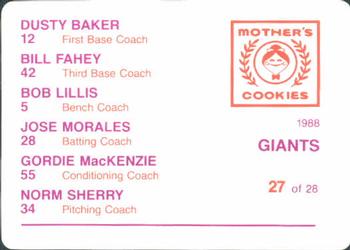1988 Mother's Cookies San Francisco Giants #27 Giants Coaches (Gordie MacKenzie / Bob Lillis / Bill Fahey / Dusty Baker / Norm Sherry / Jose Morales) Back