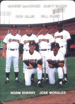1988 Mother's Cookies San Francisco Giants #27 Giants Coaches (Gordie MacKenzie / Bob Lillis / Bill Fahey / Dusty Baker / Norm Sherry / Jose Morales) Front