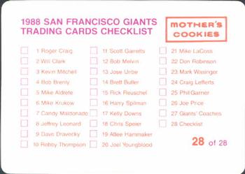 1988 Mother's Cookies San Francisco Giants #28 Checklist Card / Giants NL Champs Logo Back
