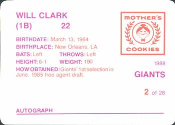 1988 Mother's Cookies San Francisco Giants #2 Will Clark Back