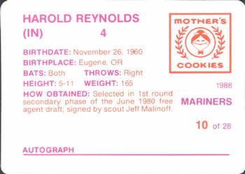 1988 Mother's Cookies Seattle Mariners #10 Harold Reynolds Back