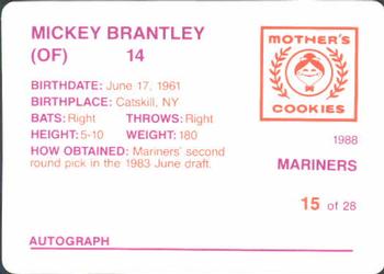 1988 Mother's Cookies Seattle Mariners #15 Mickey Brantley Back