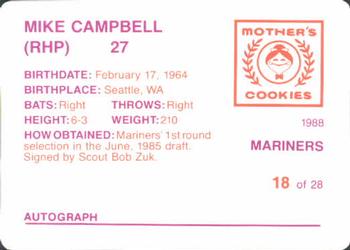 1988 Mother's Cookies Seattle Mariners #18 Mike Campbell Back