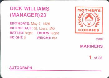 1988 Mother's Cookies Seattle Mariners #1 Dick Williams Back