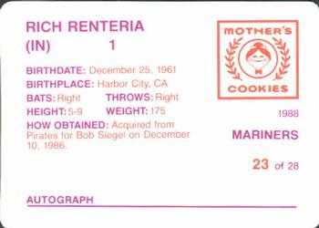 1988 Mother's Cookies Seattle Mariners #23 Rich Renteria Back