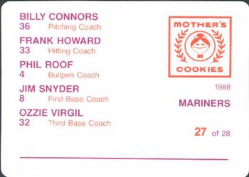 1988 Mother's Cookies Seattle Mariners #27 Mariners Coaches (Jim Snyder / Frank Howard / Billy Connors / Phil Roof / Ozzie Virgil Sr.) Back