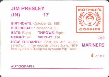 1988 Mother's Cookies Seattle Mariners #4 Jim Presley Back