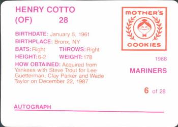 1988 Mother's Cookies Seattle Mariners #6 Henry Cotto Back