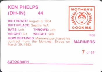 1988 Mother's Cookies Seattle Mariners #7 Ken Phelps Back