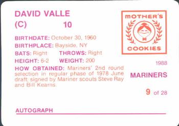1988 Mother's Cookies Seattle Mariners #9 Dave Valle Back