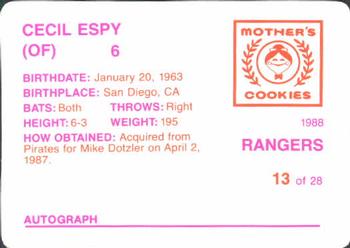 1988 Mother's Cookies Texas Rangers #13 Cecil Espy Back