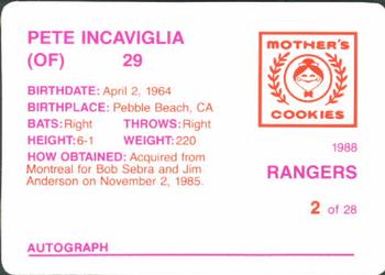 1988 Mother's Cookies Texas Rangers #2 Pete Incaviglia Back