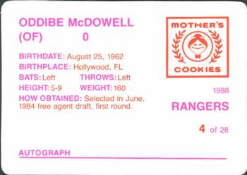 1988 Mother's Cookies Texas Rangers #4 Oddibe McDowell Back