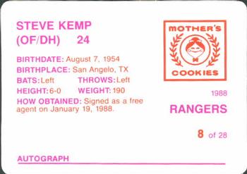 1988 Mother's Cookies Texas Rangers #8 Steve Kemp Back
