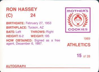 1989 Mother's Cookies Oakland Athletics #15 Ron Hassey Back