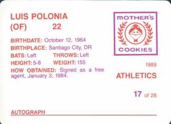 1989 Mother's Cookies Oakland Athletics #17 Luis Polonia Back