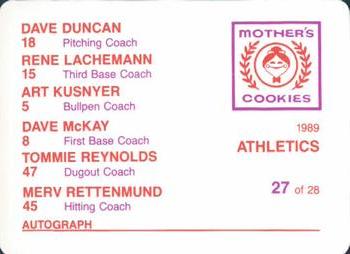 1989 Mother's Cookies Oakland Athletics #27 A's Coaches (Dave Duncan / Rene Lachemann / Art Kusnyer / Dave McKay / Tommie Reynolds / Merv Rettenmund) Back
