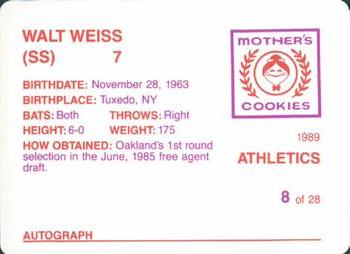 1989 Mother's Cookies Oakland Athletics #8 Walt Weiss Back