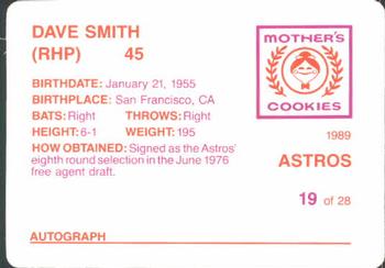 1989 Mother's Cookies Houston Astros #19 Dave Smith Back