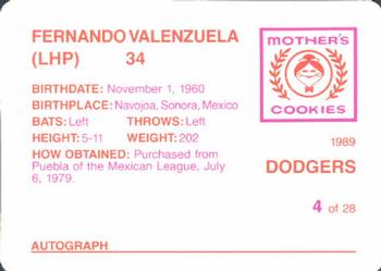 1989 Mother's Cookies Los Angeles Dodgers #4 Fernando Valenzuela Back