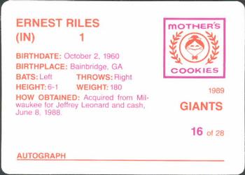 1989 Mother's Cookies San Francisco Giants #16 Ernest Riles Back