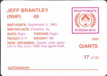 1989 Mother's Cookies San Francisco Giants #17 Jeff Brantley Back