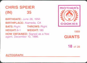 1989 Mother's Cookies San Francisco Giants #18 Chris Speier Back