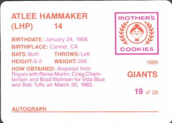 1989 Mother's Cookies San Francisco Giants #19 Atlee Hammaker Back